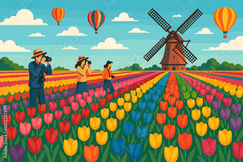 Colorful tulip field with photographers capturing moments near a windmill and hot air balloons in the sky during a sunny day