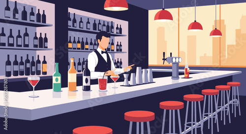 Skilled bartender crafting cocktails behind the counter at a stylish urban bar