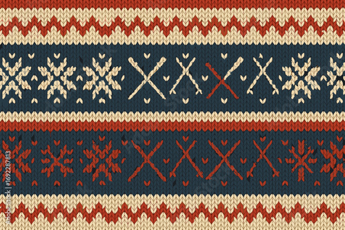 Seamless knitted winter pattern with snowflakes, ski poles, and hearts in red, cream, and navy blue for holiday or Christmas designs