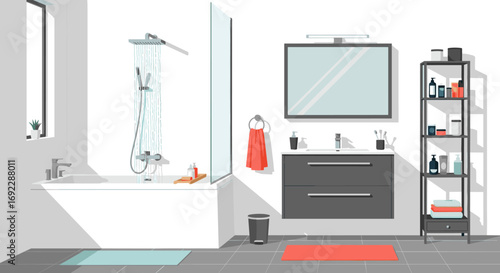 Modern contemporary bathroom design with bathtub shower and vanity area