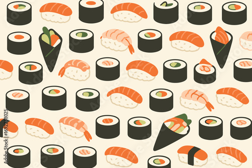 Seamless pattern of assorted sushi and rolls including nigiri, maki, and temaki on beige background