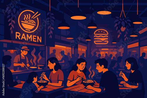 People enjoying ramen and burgers in a cozy night food court with neon lights and warm ambiance illustration