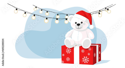 A delightful white teddy bear wearing a festive santa hat sits atop a red and white snowflake gift box under twinkling christmas lights