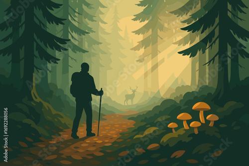 Illustration of hiker in misty forest path with mushrooms and deer under morning sunlight rays