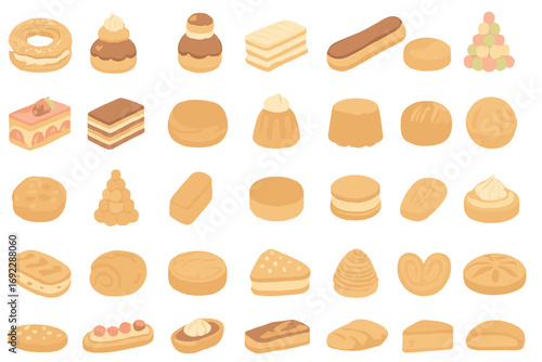 Hand-drawn illustration of assorted French and European pastries and desserts on soft golden background