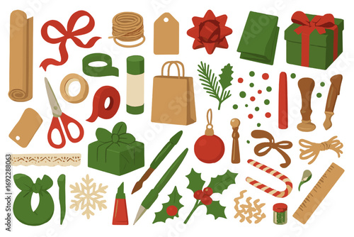 Flat lay of festive Christmas gift wrapping supplies and holiday crafting tools