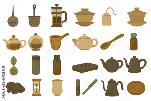 Set of illustrated tea brewing tools and accessories with warm vintage tones