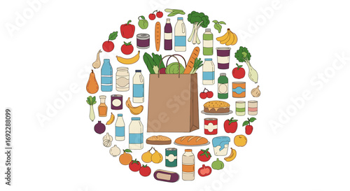 A circle of fresh groceries and essential food items collected in a paper bag display