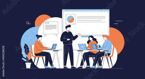 Business professionals collaborating effectively in a modern office setting presenting data and insights