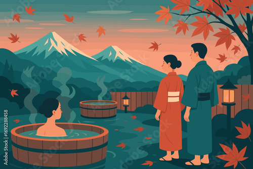Autumn evening at an outdoor onsen with mountains and colorful leaves in Japan