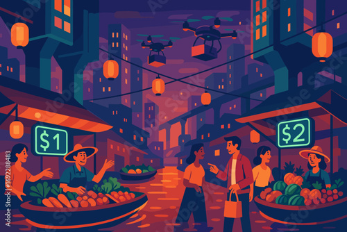 Futuristic floating market with glowing digital price tags, drones, and people shopping at sunset