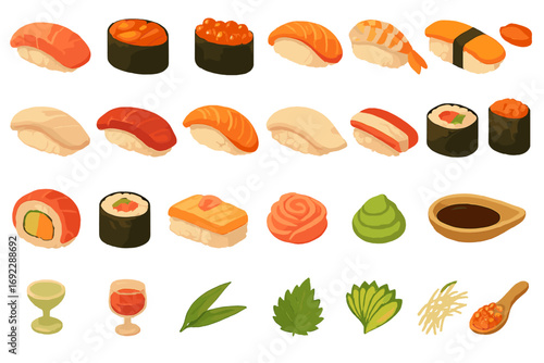 Watercolor-style illustration of assorted sushi pieces, rolls, garnishes, wasabi, soy sauce, and Japanese condiments