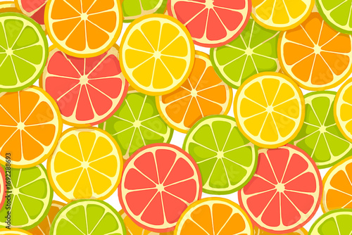 Colorful citrus fruit slice pattern with orange, lemon, lime, and grapefruit in seamless design, vibrant tropical illustration for summer themes