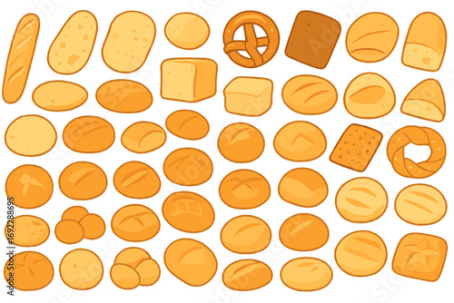 Seamless hand-drawn bread pattern with assorted loaves, buns, rolls, and pretzels on warm gradient background, rustic bakery illustration