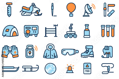 Flat design Arctic expedition and survival icon set with scientific tools, research equipment, winter gear, and polar exploration symbols on dark background