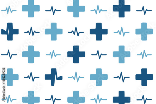 Seamless medical pattern with blue crosses and heartbeat lines on white background for healthcare and hospital themes
