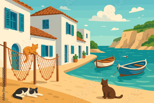 Charming coastal village with cats lounging near whitewashed houses and fishing boats on a sunny day