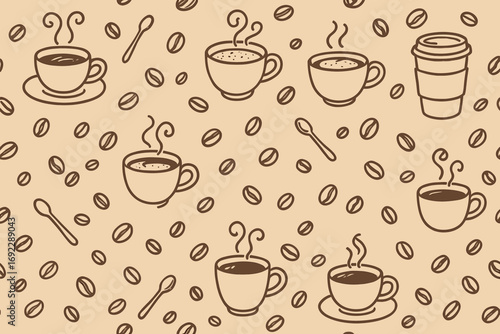Seamless coffee pattern with hand-drawn cups, beans, spoons, and takeaway cup on beige background