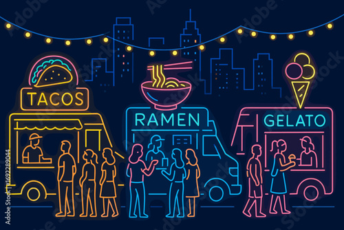 Neon-style illustration of a vibrant night food truck festival with tacos, ramen, and gelato in a city setting