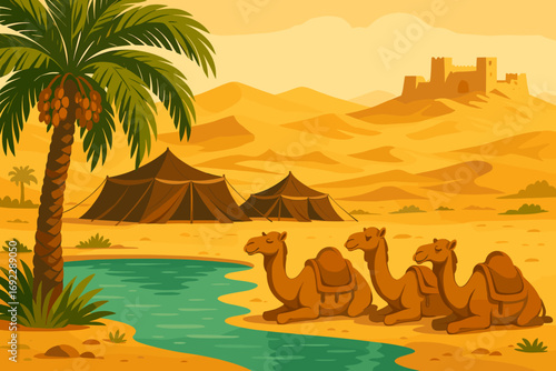 Desert oasis with camels resting near tents and palm tree, distant sand dunes and ancient fortress in the background