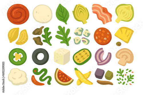 Colorful flat design pizza topping ingredients set including vegetables, meats, cheeses, herbs, and fruits on gradient background