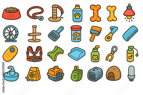 Colorful hand-drawn pet supply icon set featuring food, grooming tools, leashes, carriers, toys, treats, and accessories on brown gradient background