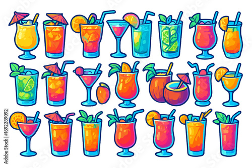 Colorful tropical cocktails and summer drinks illustration with fruits, straws, and garnishes in vibrant neon style