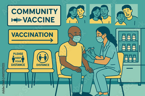 Community vaccination clinic illustration with healthcare worker giving injection and social distancing signs