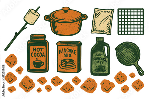 Vintage-style illustration of camping breakfast items including pancake mix, hot cocoa, cast iron skillet, marshmallow, and cooking supplies