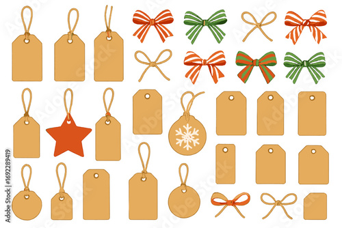 Rustic Christmas gift tag collection with festive red and green bows, blank kraft paper labels, snowflake and star ornaments