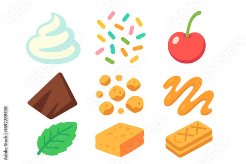 Colorful dessert topping icon set featuring whipped cream, sprinkles, cherry, chocolate, syrup, cookies, mint, sponge cake, and wafer on glowing gradient background