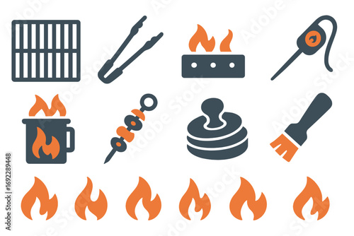 Barbecue and grilling icon set with flames, grill tools, skewers, thermometer, sauce brush, and cooking equipment on dark background