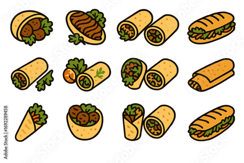 Illustrated wraps and sandwich icons set featuring burritos, falafel, shawarma, and sub sandwiches with fresh vegetables on warm gradient background