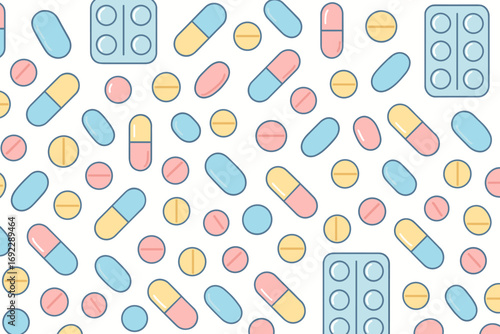 Colorful pattern of pills and capsules scattered across a white background in a modern design