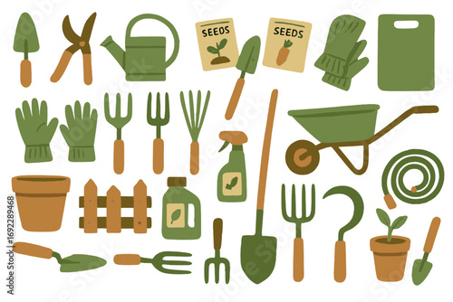 Gardening tools and supplies arranged on a surface for planting and nurturing plants at home