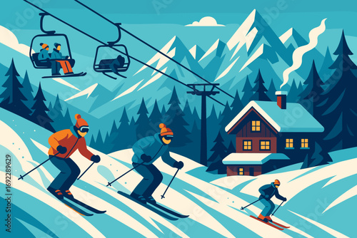 Skiers enjoy a sunny day on the slopes near a cozy cabin in the mountains with a ski lift in the background