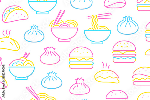 Bright and colorful food icons featuring tacos, noodles, burgers, and dumplings create an engaging pattern for culinary lovers