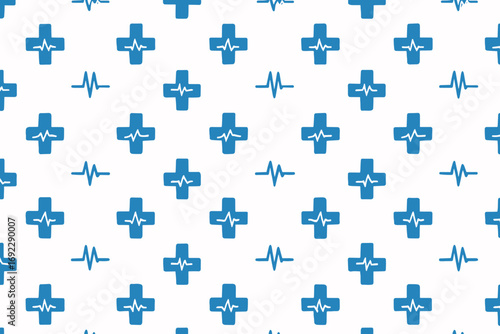 Medical symbols pattern featuring blue crosses and heartbeat lines on a white background, suitable for health-related designs
