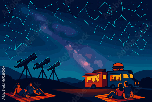Stargazing night with telescopes and couples beneath a starry sky in a rural setting