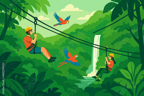Adventurers ziplining through lush tropical rainforest while colorful parrots fly above in a vibrant green landscape