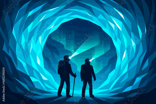 Explorers observing northern lights from a cave in a remote landscape at night under a starry sky