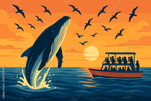 Humpback whale breaches above the ocean as boat full of people observes sunset activity
