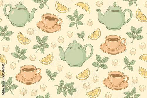Delicate tea pattern featuring teapots, cups, and fresh ingredients for a cozy afternoon setting