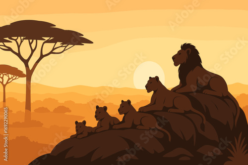 Majestic lion pride resting on a rock during sunset in the African savanna