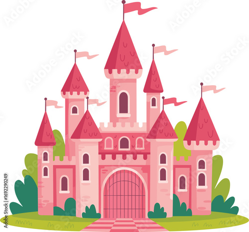 Pink fairy tale castle with red roofs, fantasy palace with garden, magical building illustration, cartoon castle design, children storybook vector art.