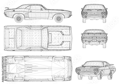 Detailed blueprint of a muscle car on a white background, featuring wireframe design with intricate headlights, grille, and wheels.