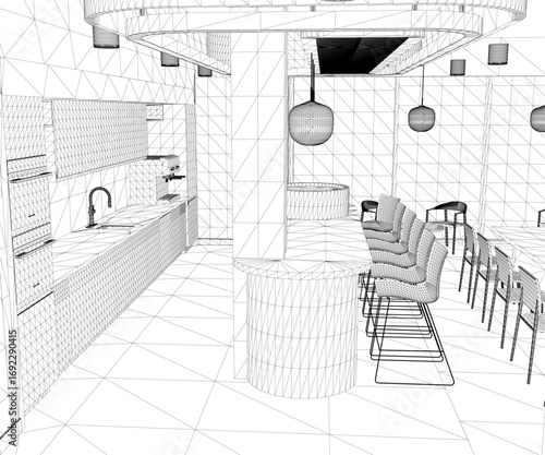 A 3D wireframe model of a restaurant interior, featuring tables and chairs, a kitchen area with wash basin and tap, and hanging ceiling lights.