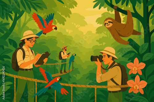 Exploring the jungle while observing colorful wildlife and documenting nature activities in a serene rainforest setting
