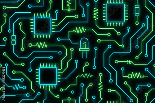 Futuristic circuit board design with glow effects showcasing intricate electronic components and connections