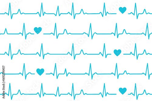 Repeating Heartbeat and Heart Symbols Pattern in Teal on White Background